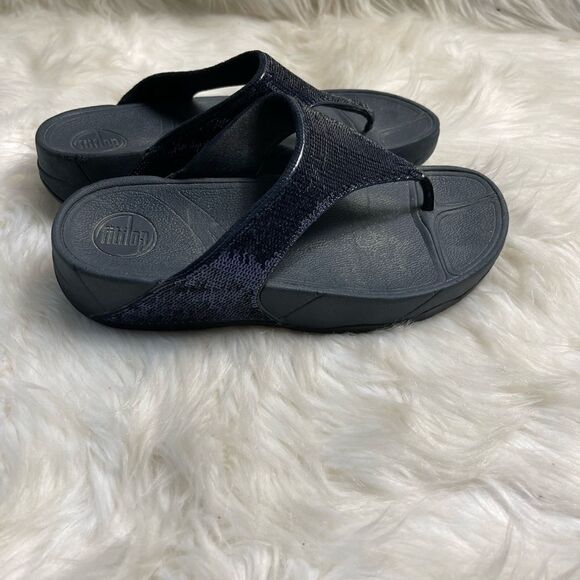 FitFlop nNavy Bleu sequins wedge thong sandals size 7 - Picture 1 of 8